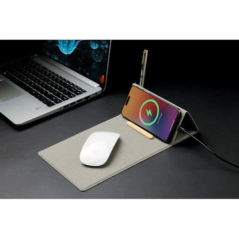 BLACE - @memorii Recycled PU Mouse Pad with Wireless Charger & Mobile Stand - Grey (1).webp