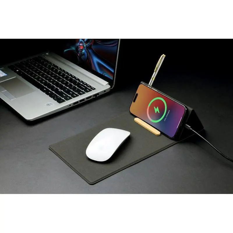 BLACE - @memorii Recycled PU Mouse Pad with Wireless Charger & Mobile Stand - Black (4).webp