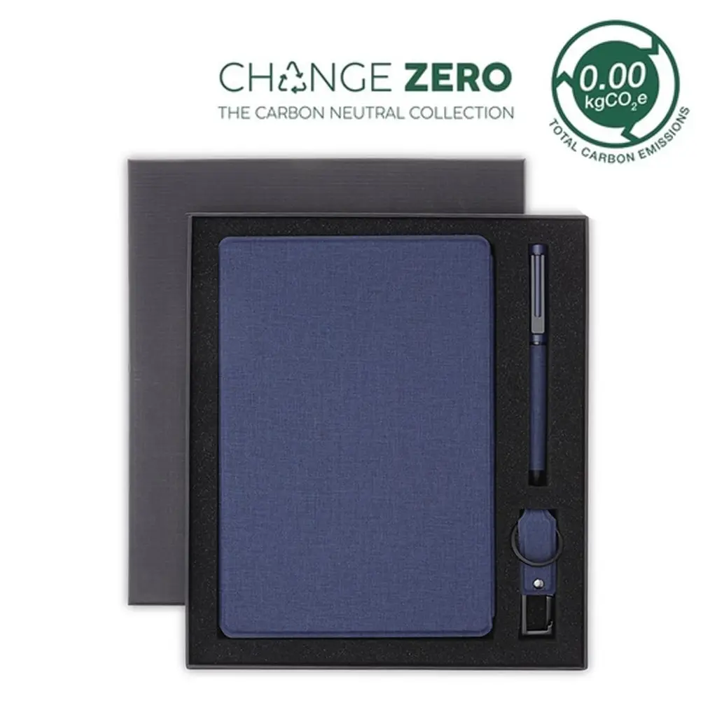 LENZEN-CHANGE ZERO SUSTAINABLE GIFT SET WITH REFILLABLE NOTEBOOK, PEN & USB KEYCHAIN - NAVY