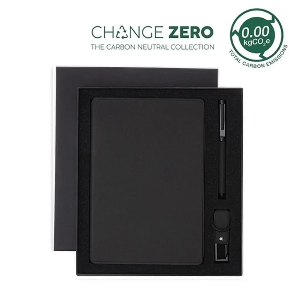 LENZEN-CHANGE ZERO SUSTAINABLE GIFT SET WITH REFILLABLE NOTEBOOK, PEN & USB KEYCHAIN - BLACK
