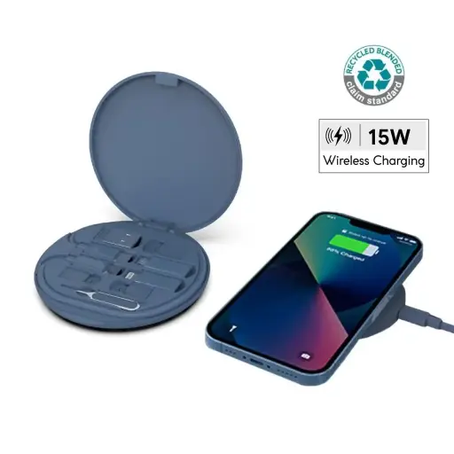 OSLO-MEMORI RECYCLED 15W WIRELESS CHARGE MULTI-CABLE SET BLUE