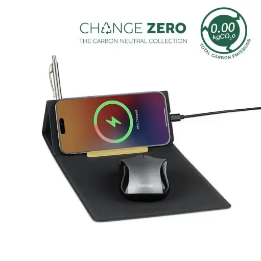 BLACE-CHANGE ZERO RECYCLED PU 15W WIRELESS MOUSE PAD & DESK ORGANIZER-BLACK